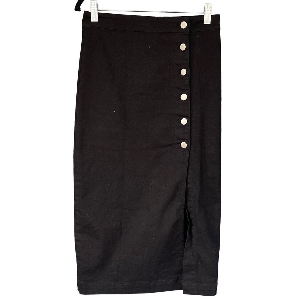 Black Button-Front Midi Skirt